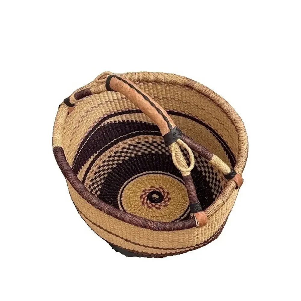Large Woven African Bolga Ghana Market Basket Leather Handle, 16” GUC
